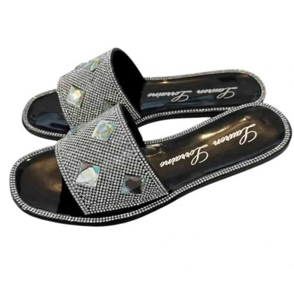 Lauren Lorraine Bianca Slide Sandals Women Rhinestone‎ Crystal Black 9 / #S2637
